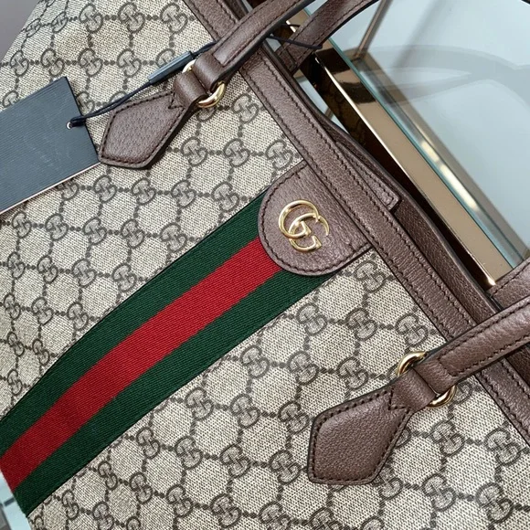 Gucci Beige Monogram Tote with Green and Red Web Stripe and Brown Trim - Picture 10 of 16